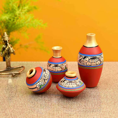 Rustic Madhubani Vases - Set of 4 in Red - Decor & Living - 1