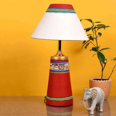 Table Lamp Red Earthen Handcrafted with White Shade (13x4.7") - Decor & Living - 1