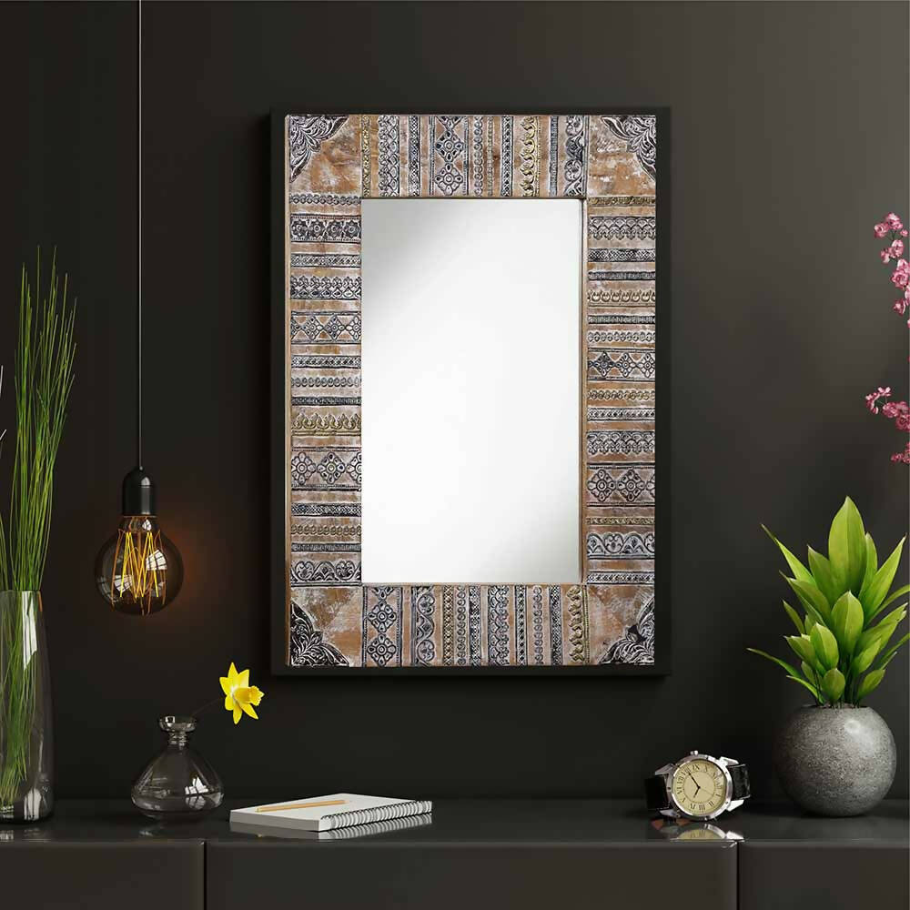 Cheop Metal Carved Natural Wood Wall Mirror (18in x 1in x 24in) - Home Decor - 1
