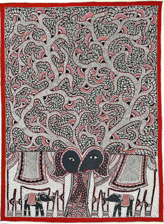 Madhubani Painting Elephants Under the Tree - Wall Decor - 1