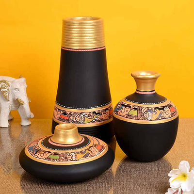 Vase Earthen Black Madhubani - Set of 3 (3.5/9/6") - Decor & Living - 1