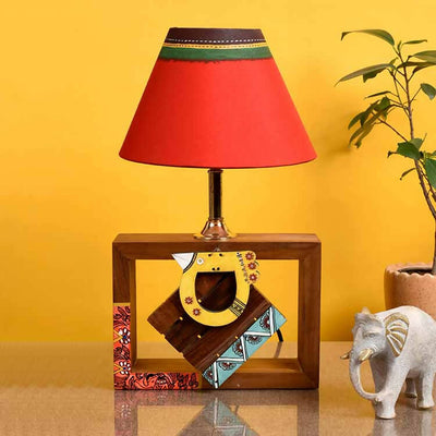 Table Lamp Handcrafted in Wood with Tribal Motifs and Bird with Red Shade (8x4x10.7") - Decor & Living - 1