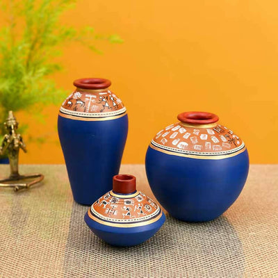 Exotic Warli Vases in Blue Color - Set of 3 - Decor & Living - 1