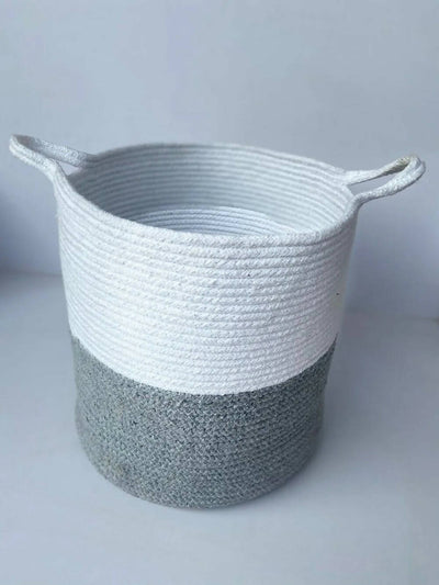 Jute Cotton Basket, Dual Color - White, Grey with Handle - Storage & Utilities - 3