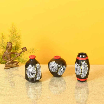 Black Warli Terracotta Miniature Decor Vases (A) - Decor & Living - 1