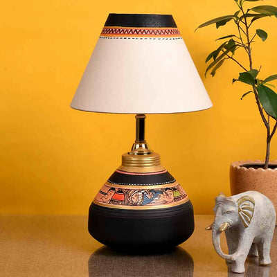 Table Lamp Black Earthen Handcrafted with White Shade (9.5x6") - Decor & Living - 1