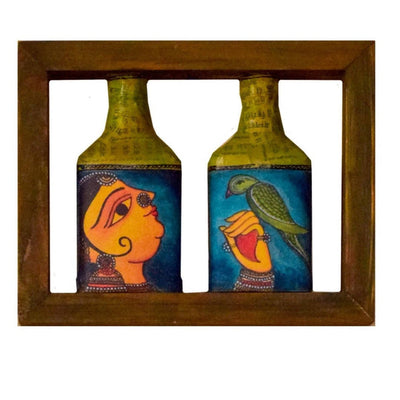 Green Rectangle Handpainted Flip Flop Vintage Glass Bottle Wooden Frame with Pattachitra Art - Decor & Living - 2