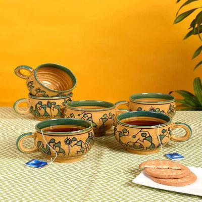 Cup Ceramic Warli Yellow - Set of 6 - Dining & Kitchen - 1