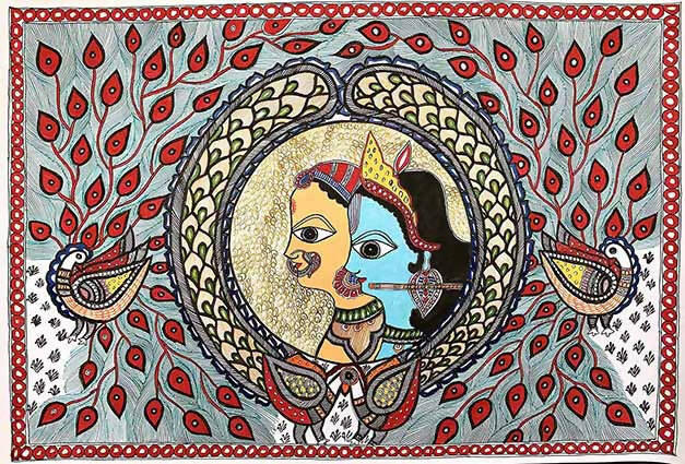 Madhubani Painting Radha Krishna Theme - Wall Decor - 1