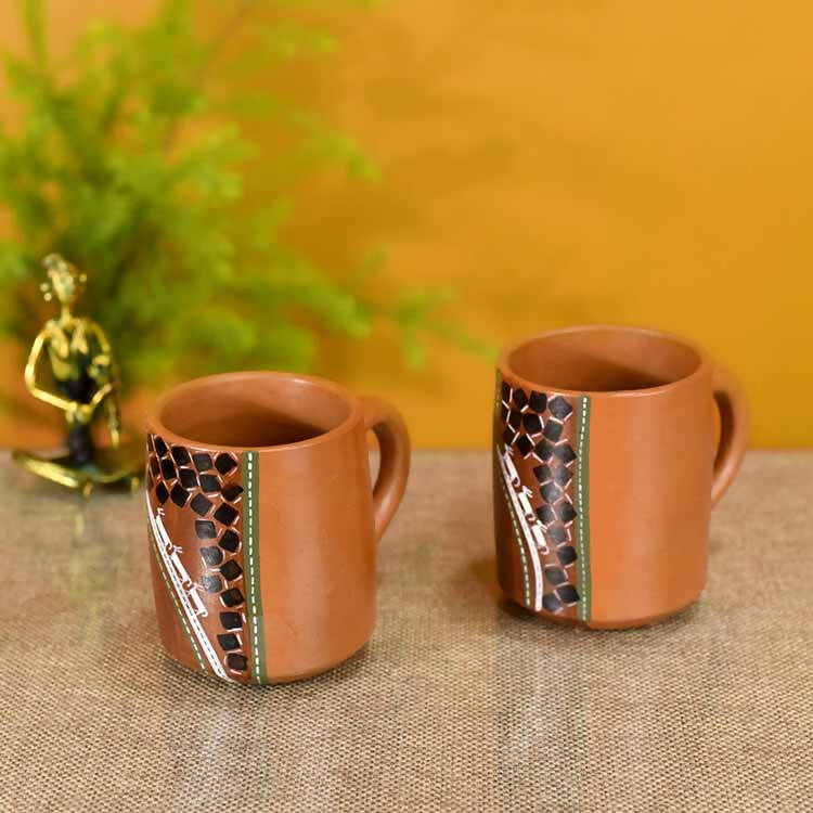 Knosh-1 Earthen Cups with Tribal Motifs (4.5x3x3.6") - Dining & Kitchen - 1