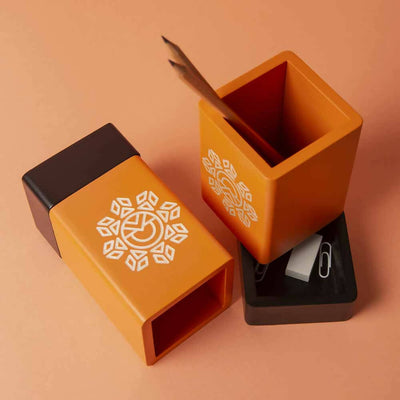 Orange Pen Stand with Base Drawer