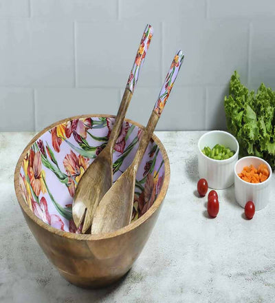 Purple Gladiolus Harmony Print Wooden Salad Bowl with Servers - Dining & Kitchen - 1