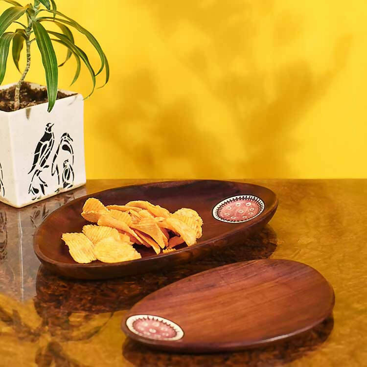Trays in Oval Shape with Tribal Art Handcrafted in Rosewood (11x7") - Dining & Kitchen - 1