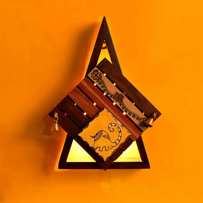 Wall Lamp in Triangular Shape Handcrafted in Wood with Tribal Motifs (8.5x3.5x12.5") - Decor & Living - 1