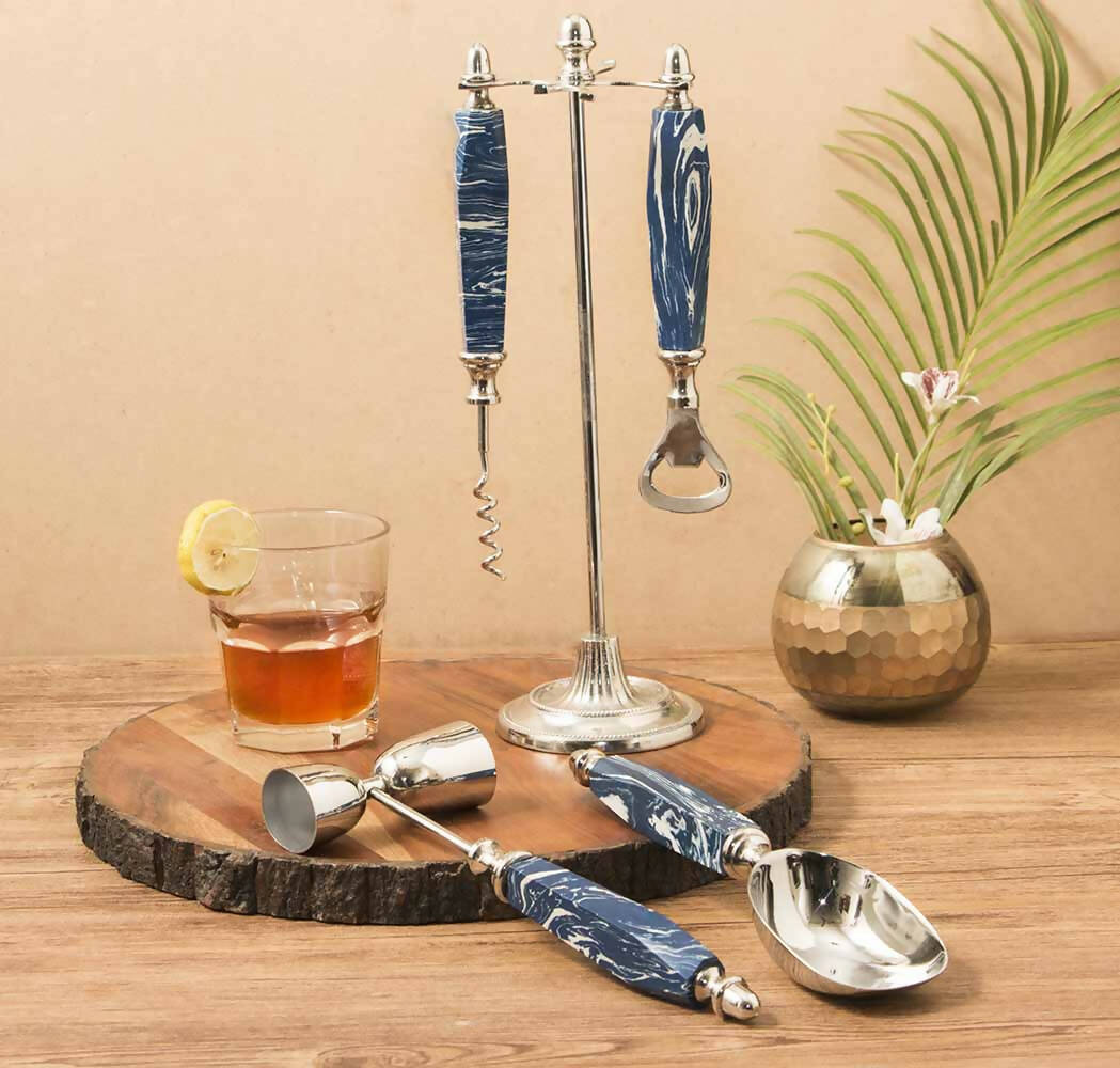 Stainless Steel with Stone Blue Stone Bar Tools (Set of 4 with Stand) - Dining & Kitchen - 1