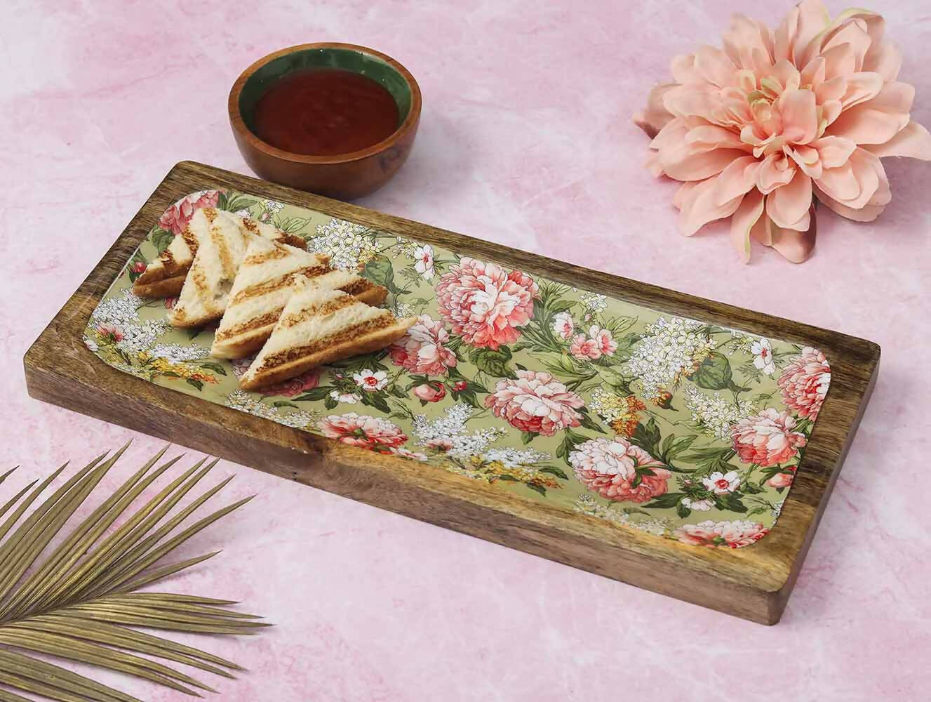 Floral Green Wooden Platter with Wooden Dip Bowl - Dining & Kitchen - 1