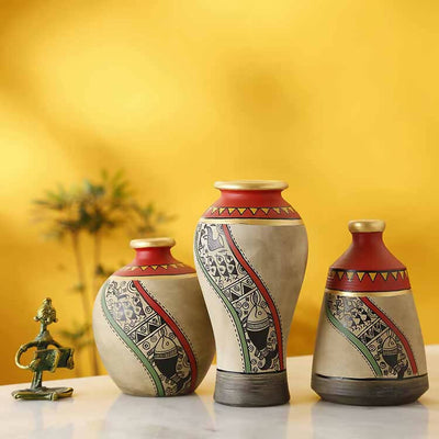 Mud Red Earthen Miniature Vases with Warli Art - Decor & Living - 1