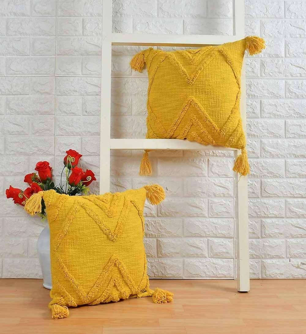 Cotton Tufted Cushion, Triangle Design, Mustard Color - Decor & Living - 1