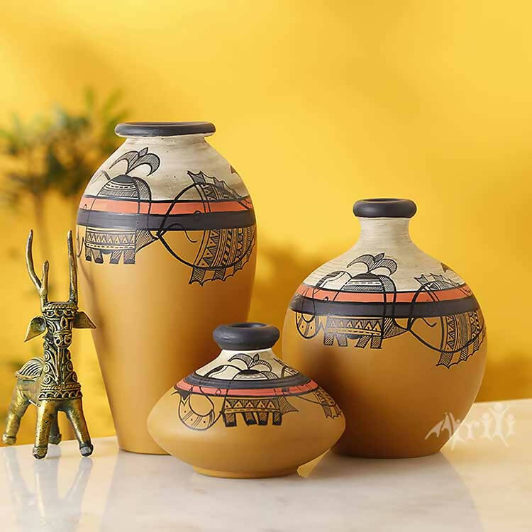 Vase Earthen Miniatures Yellow Madhubani - Set of 3 - Decor & Living - 1