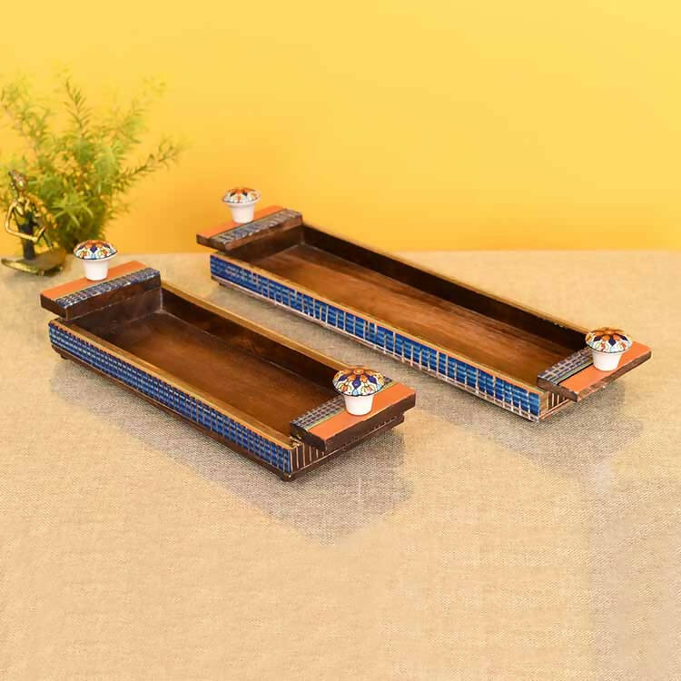 Handcrafted Wooden Serving Tray - Set of 2 (14x5x2"/ 18x5x1.5") - Dining & Kitchen - 1