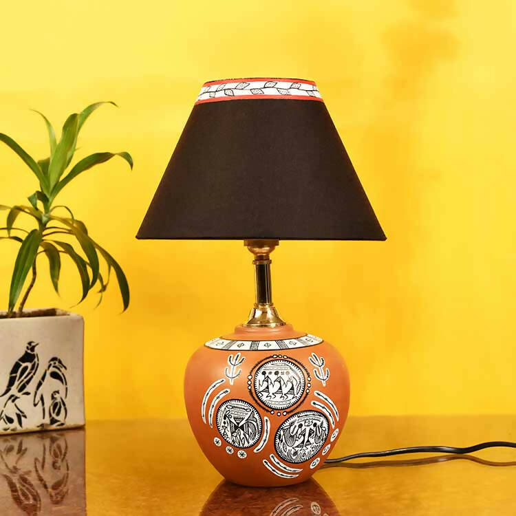 Table Lamp Terracotta Earthen Handcrafted with Black Shade (8.5x5") - Decor & Living - 1