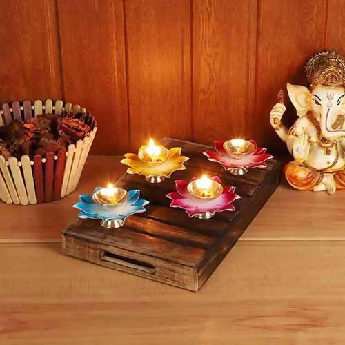 Colored Brass Akhand Dia Set of 4