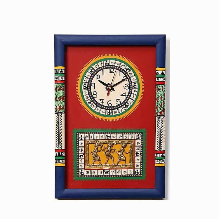 Wall Clock Handcrafted Warli/Dhokra Art Red Dial with Glass Frame (10x15") - Wall Decor - 1