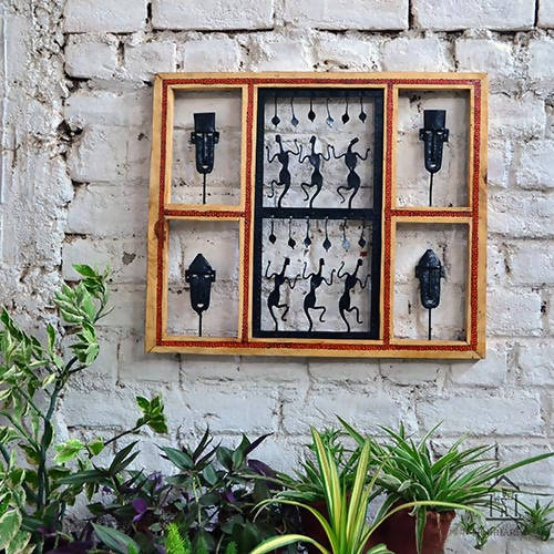 Wrought Iron Tribal Wooden Frame Mask and Jaali Wall Hanging - Wall Decor - 1