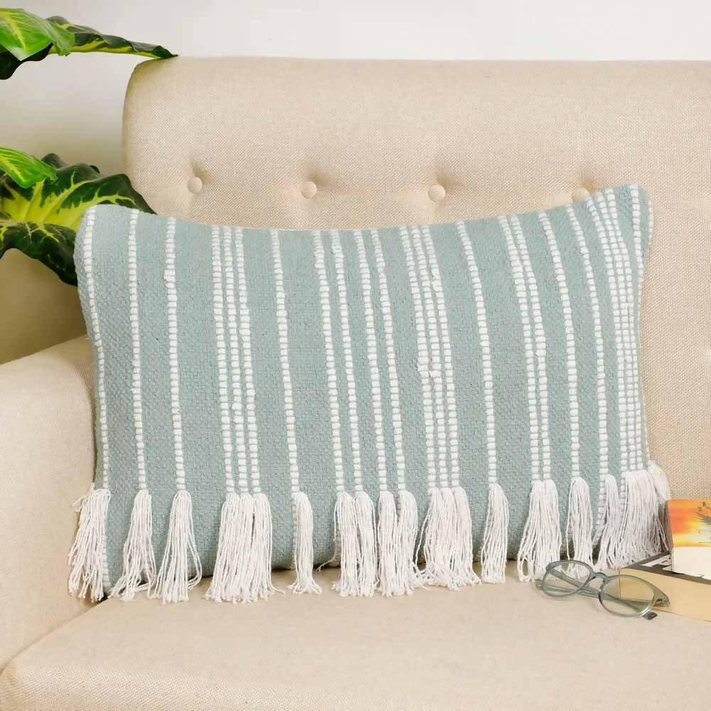 Cotton Cushion Cover Vertical Lines, Fringes - Decor & Living - 1