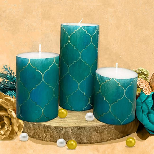 A Set of 3 Teal Moroccan Designer Scented Pillar Candles - Accessories - 1