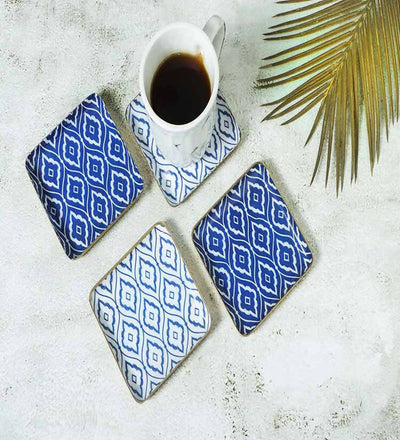 Set of 4 Square Blue & White Ikat Print Metal Coaster - Dining & Kitchen - 1