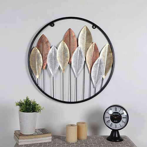 Round Gold Silver & Copper Etching Leaves Wall Decor