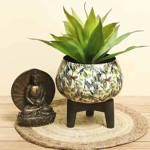 Jungle Safari Print Iron Table Planter with Wooden Stand