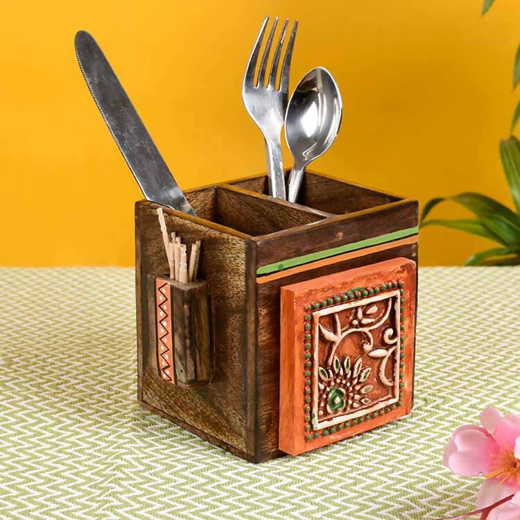 Cutlery Holder Handcrafted in Wood with Tribal Art (4.5x4x4") - Dining & Kitchen - 1