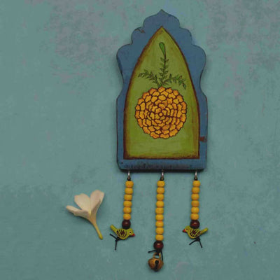 Handpainted Blue Green Yellow Antique Vintage Wooden Wallart with Wooden Beads and Brass Ornament - Wall Decor - 1
