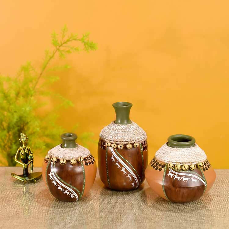 Coco-F Jute Embellished Earthen Vases in Warli Art - Decor & Living - 1