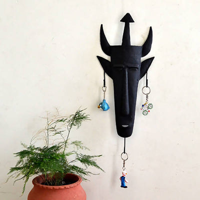 Wrought Iron Tribal Mask 3 Hook Key Chain Holder - Wall Decor - 1