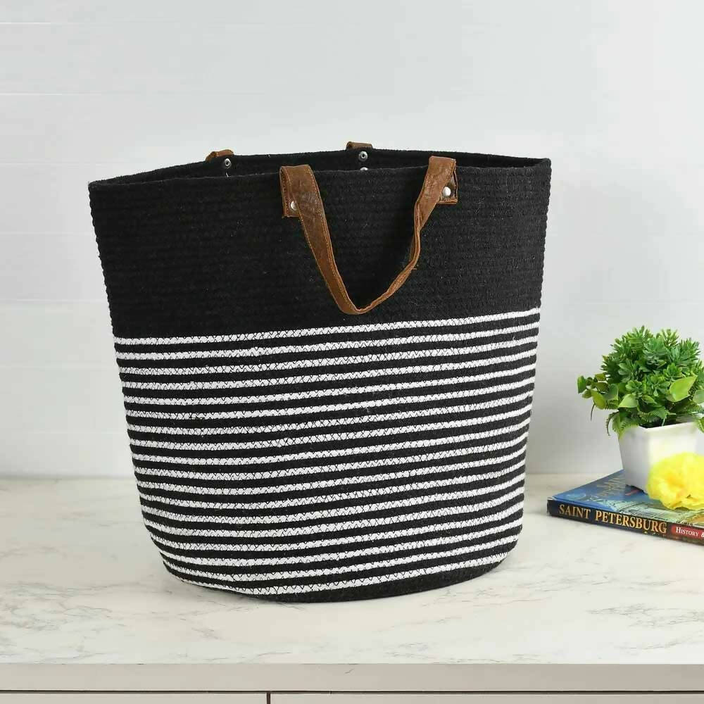 Cotton Basket, Black, White Stripes with Handle - Storage & Utilities - 1