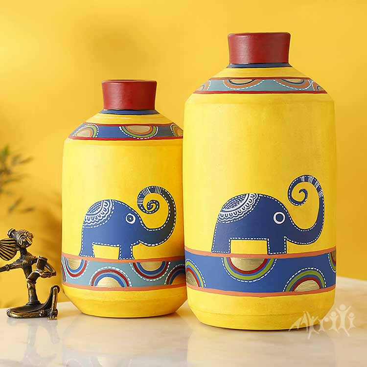 Happy Elephants Madhubani Yellow Vases - Set of 2 (8x4.6/10x5.4") - Decor & Living - 1