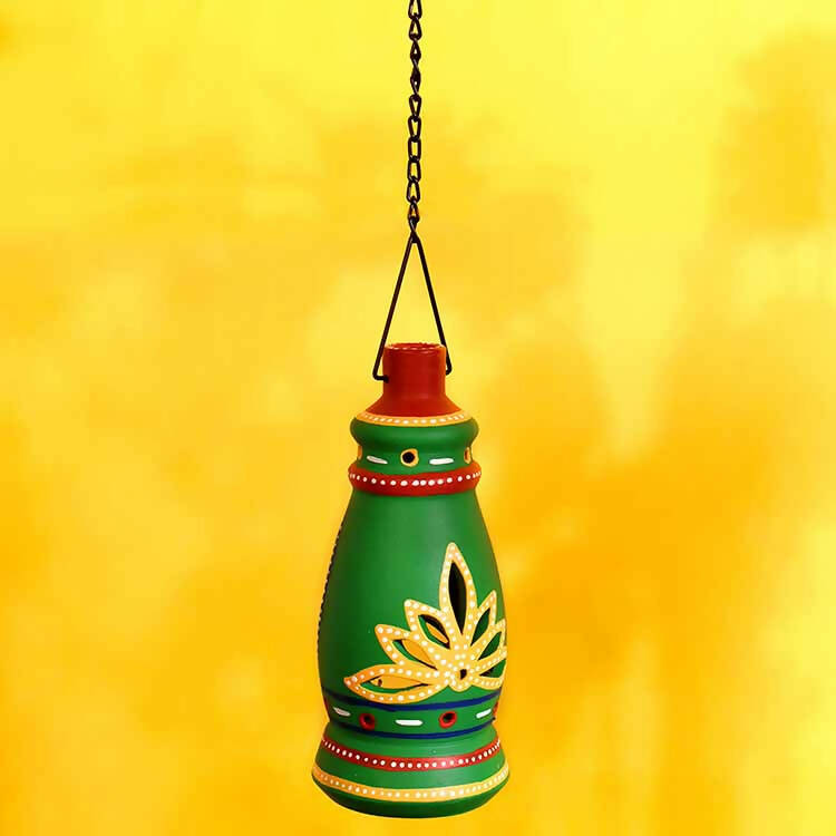 Terracotta Green Handpainted Hanging Tea Light - Decor & Living - 1