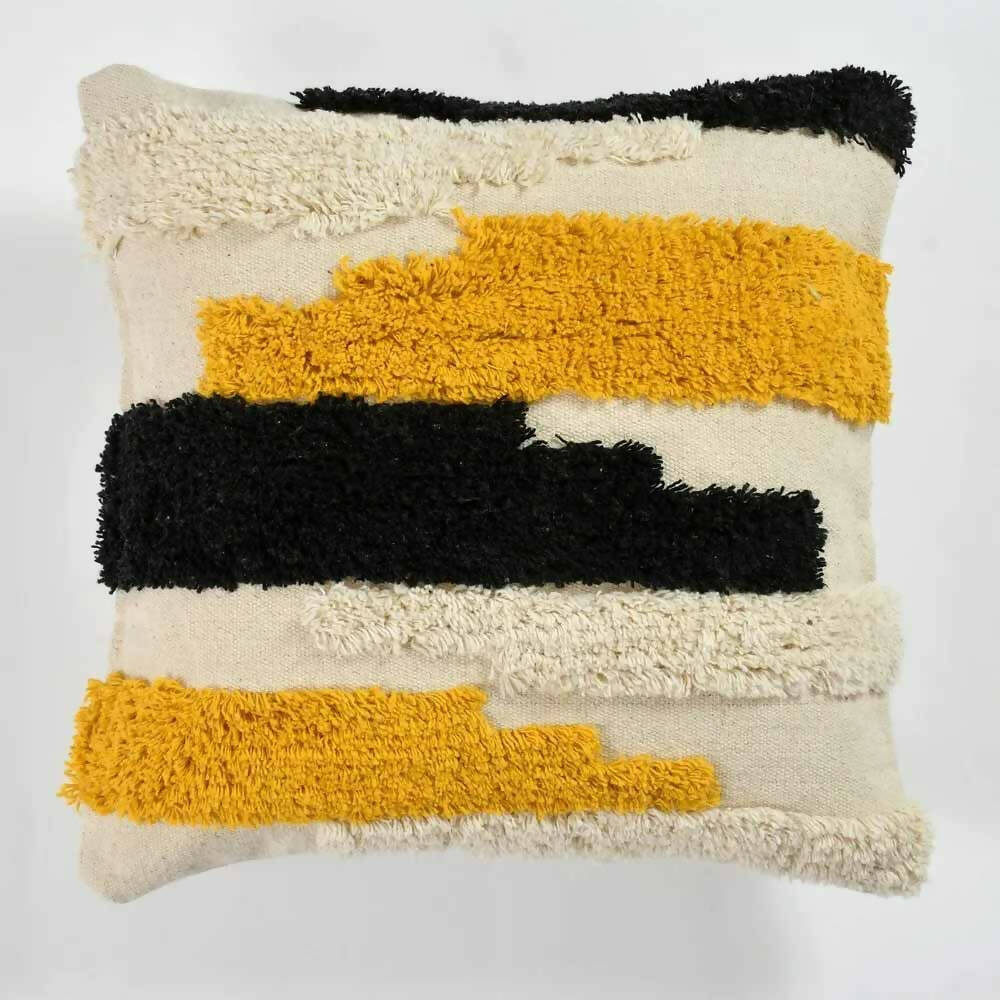 Abstract Designer Tufted Cushion Cover, Off White, Black, Yellow - Decor & Living - 3