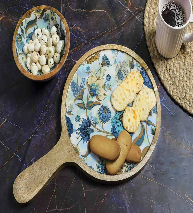 Round Blue Floral Wooden Platter - Dining & Kitchen - 1