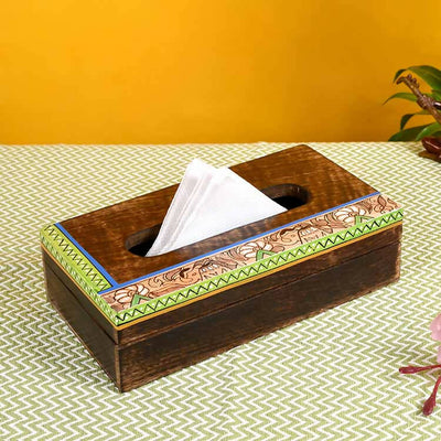 Tissue Box Handcrafted in Wood with Madhubani Painting (9x5x2.5") - Dining & Kitchen - 1