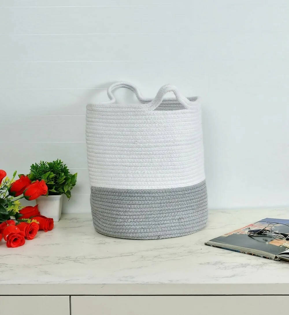 Jute Cotton Basket, Dual Color - White, Grey with Handle - Storage & Utilities - 1