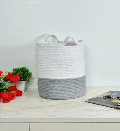 Jute Cotton Basket, Dual Color - White, Grey with Handle - Storage & Utilities - 1