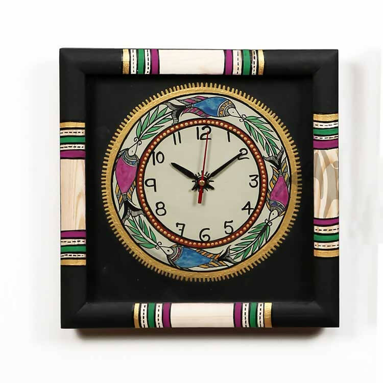 Wall Clock Handcrafted Warli Art Black Dial with Glass Frame (10x10") - Wall Decor - 1