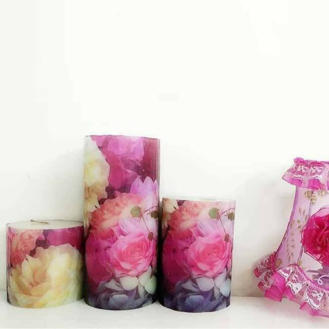 A Set of 3 Magenta Floral Designer Scented Pillar Candles - Accessories - 1