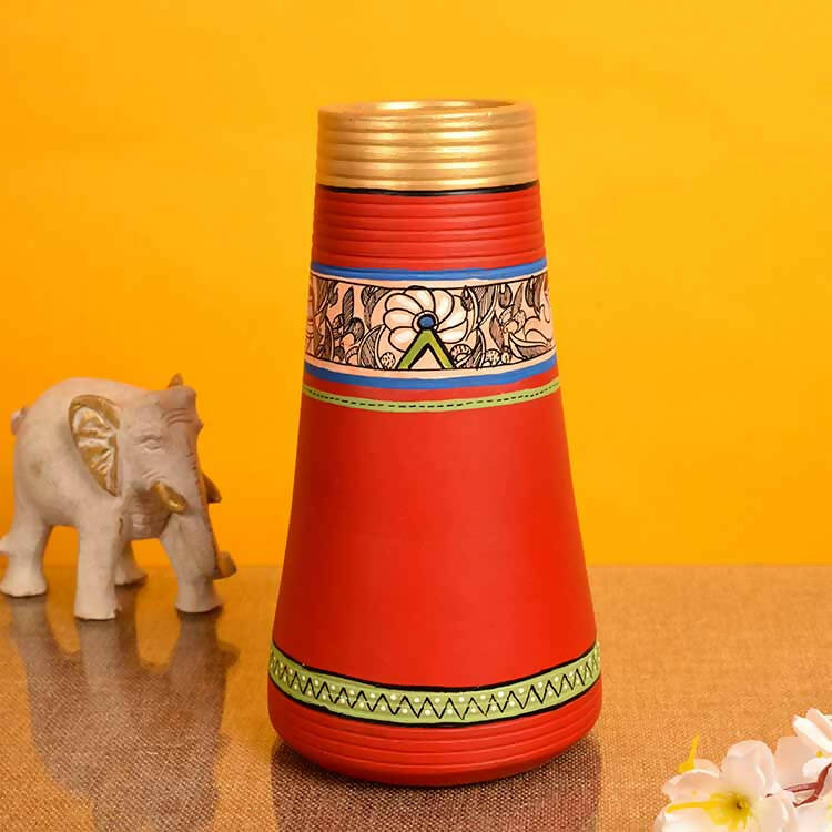 Vase Earthen Handcrafted Red Madhubani (9x4.5") - Decor & Living - 1