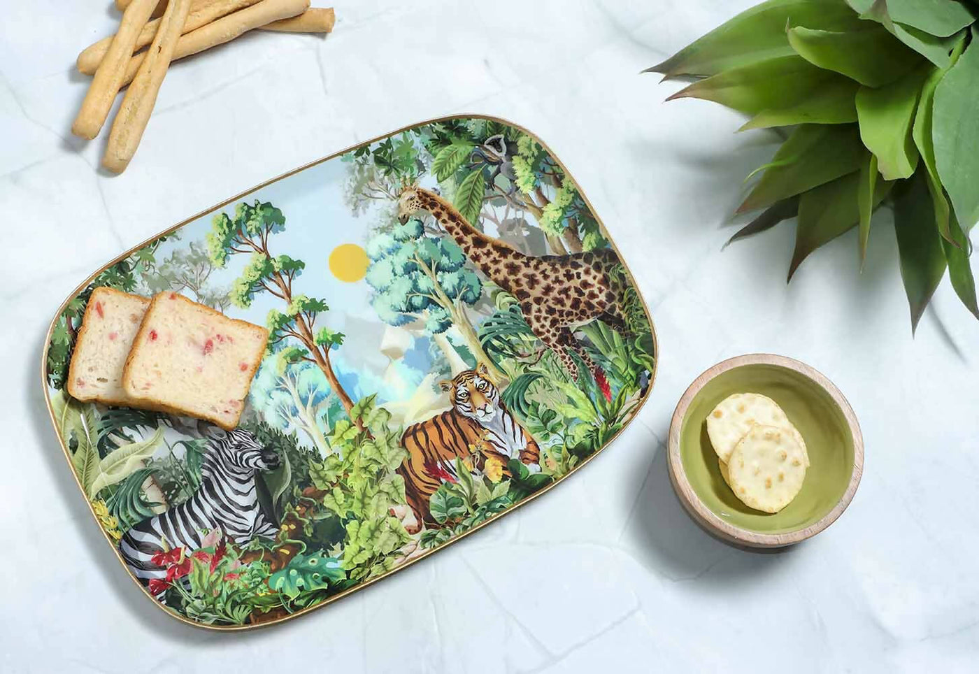 Rectangle Shaped Jungle Safari Print Metal Platter with Wooden Dip Bowl - Dining & Kitchen - 1