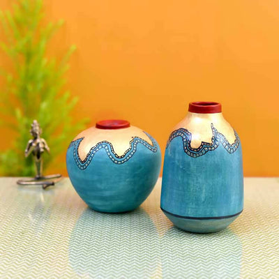 Turquoise Blue Golden Glaze Vase - Set of 2 (6x5/6.5x4") - Decor & Living - 1